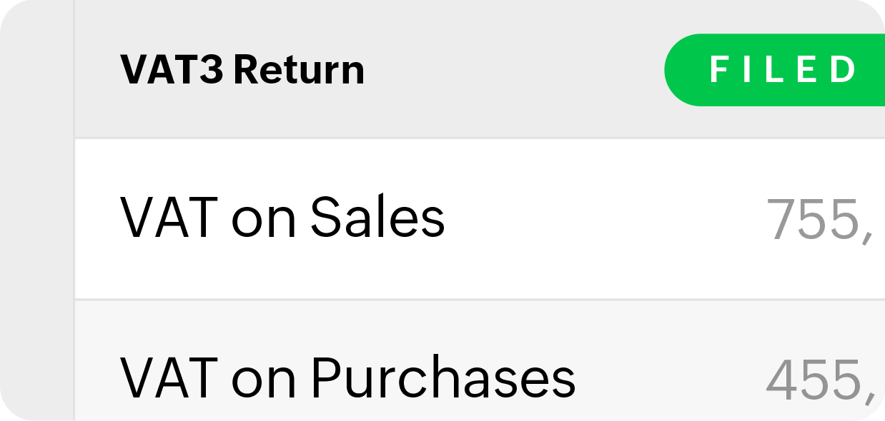 VAT3 returns report, marked as filed, with VAT on sales and purchases